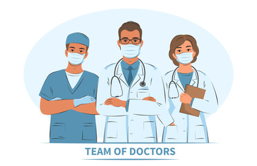 Doctor and assistant, nurses and medical helping group. Hospital team. Friendly and caring workers in protective masks and gloves. Vector illustration.
