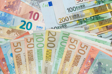 50 100 200 500 euro money bills as finance background - obrazy, fototapety, plakaty