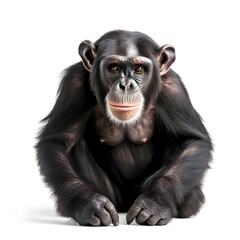 a chimpanzee on a white background looks at the camera