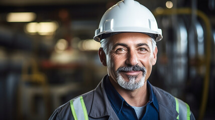 Portrait of mature a сonfident factory engineer man. Smiling looking at camera. Standing indoor of the modern factory building.

