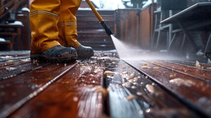 A man using pressure washer to clean patio decking