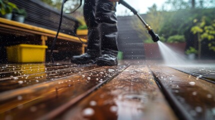 A man using pressure washer to clean patio decking