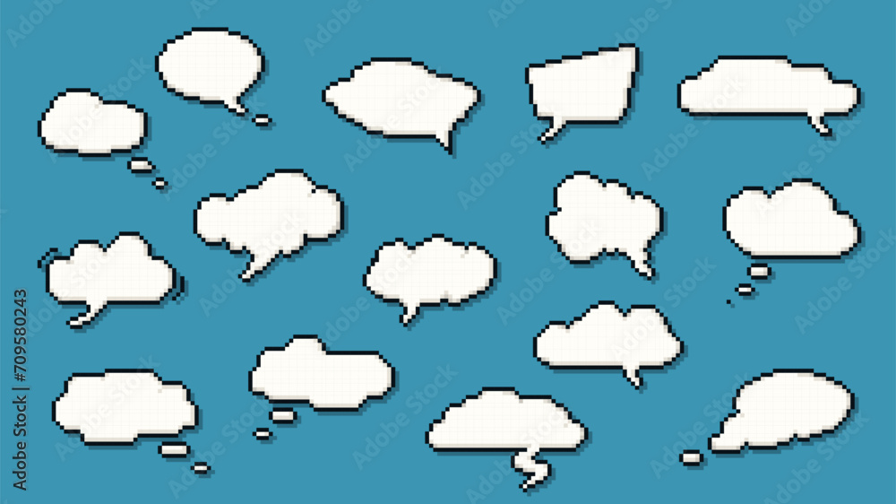 Poster 8 bit pixel art dialogue box and speech bubbles, vector cartoon icons for text chat. message clouds 