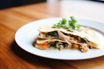 quesadilla with pulled pork, cilantro garnish