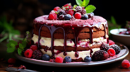 Chocolate cake with raspberries and cherries on a wooden table.
