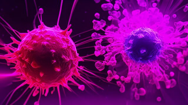 splitscreen comparison of two cells one healthy and the other cancerous. The healthy cell has intact genetic materials while the cancerous cell shows mutated genes responsible for uncontrolled