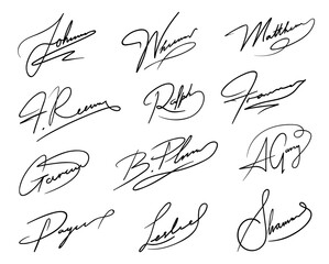 Autograph or business signatures pack set of pen handwritten names, isolated vector. Document signatures or handwriting personal name letters and surname for facsimile or business letter signature - obrazy, fototapety, plakaty