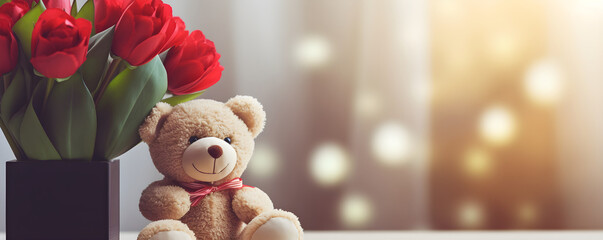 Close-up photo of a bouquet of red tulips and a teddy bear on a blurred background. Holiday gift concept for World Women's Day, March 8, birthday, anniversary with copy space. Banner, postcard. - obrazy, fototapety, plakaty