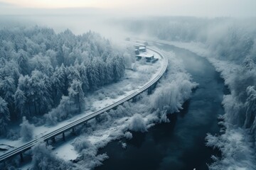 Aerial top view of snow winter road and river. Generate AI image