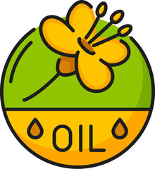 Rapeseed, canola oil icon. Isolated vector linear sign with golden flower inside of green and yellow circle with drops, symbolizing wholesome and nutritious product for culinary and health benefits