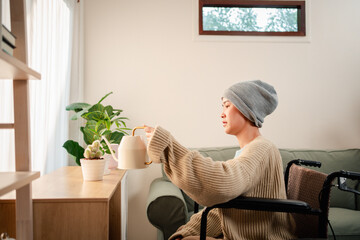 Young woman have a sick with cancer her confident feeling happy lifestyle in living room at home.