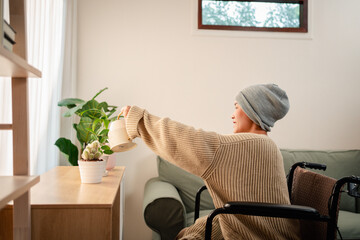 Young woman have a sick with cancer her confident feeling happy lifestyle in living room at home.