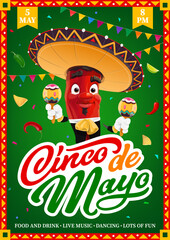 Mexican Cinco de Mayo holiday party flyer with chili pepper character. Cinco de Mayo holiday vector poster with chili pepper mariachi musician cartoon personage wearing sombrero, playing on maracas