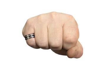 Close-up of a fist. front view. With a metal black pinky ring. Transparent background