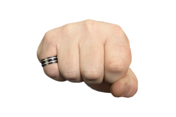 Close-up of a fist. front view. With a metal black pinky ring. Transparent background