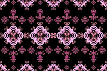 Luxury ethnic mandalas traditional seamless pattern. Pink native on black background pattern style. Design for fabric, texture, embroidery, wallpaper, interior, texture, textile, clothing 