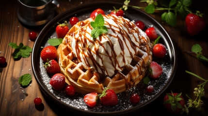 Waffles with ice cream and raspberries.
