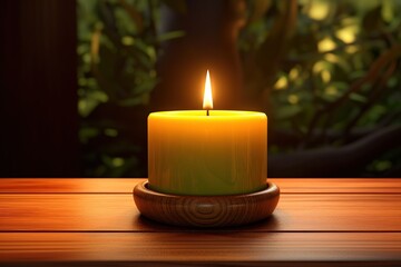 Obraz na płótnie Canvas Burning candle on wooden table against blurred background, 3d render