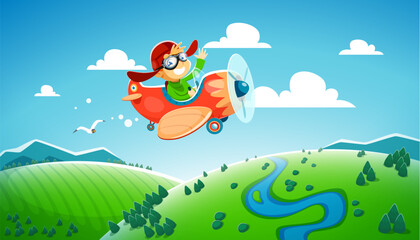 Cartoon kid pilot flying on plane. Child on airplane at cloudy sky. Vector cute boy character with vintage aviator cap and goggles flying on retro aeroplane and waving hand, dream flight or air travel © Vector Tradition