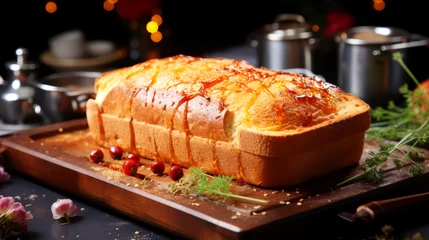 Crédence de cuisine en verre imprimé Pain Freshly baked bread on a wooden board with wheat and flour. 