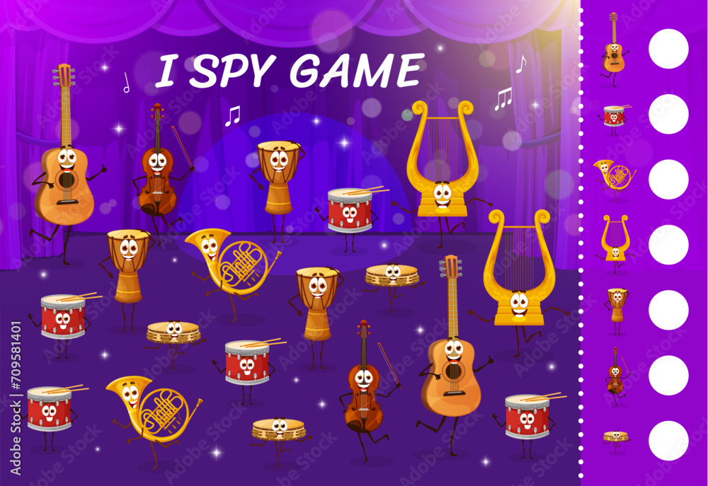 Fototapete i spy game. musical instruments characters on the stage. objects calculation and counting kids quiz 