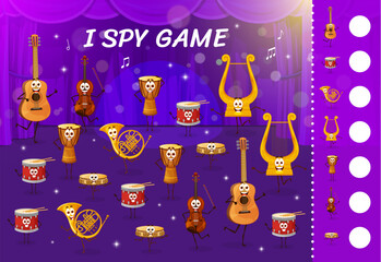 I spy game. musical instruments characters on the stage. Objects calculation and counting kids quiz vector worksheet with guitar, violin, drum and tambourine, french horn, lyre cheerful personages