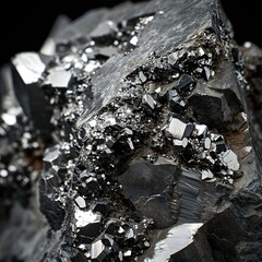 macro shooting of natural mineral rock specimen - pyrite crystals on black background