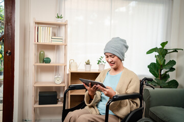 Young woman have a sick with cancer her confident feeling happy lifestyle in living room at home.