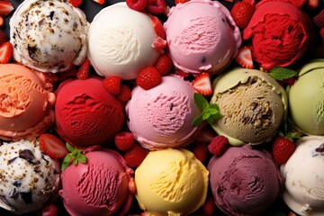 Ice creams balls strawberry pistachio almond orange and cherry top view wallpaper
