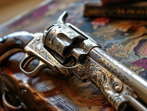 Old gun on a wooden background. Vintage style. Selective focus.