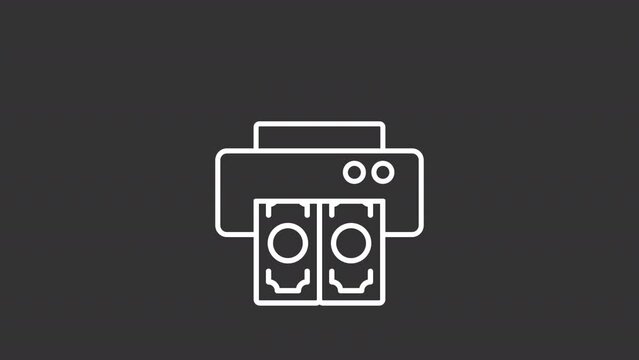 2D white simple thin line animation of money printer icon, HD video with transparent background, seamless loop 4K video representing economic crisis.