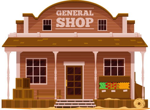 Western Wild West town general shop cartoon building. Vector old american Western country street scene, cowboy town building of general store, retail shop or grocery with wooden showcase, boxes, bench