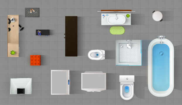 Top view interior or bathroom with furniture on floor, isolated vector bath or toilet room design. House or home apartment interior items bathtub, sink and shower in WC, table and washing machine