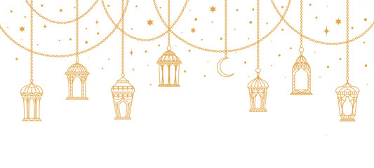 Eid Mubarak or ramadan kareem arabian lamp lanterns. Islamic vintage kerosene lights, muslim ramadan karem old lanterns linear vector background with Middle East antique gas lamps hanging on chains - obrazy, fototapety, plakaty