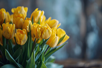 Close-up photo of bouquet of yellow tulips on a table against grunge backdrop of bokeh lights. Concept of a holiday gift for a woman on World Women's Day March 8 birthday. Banner with copy space.