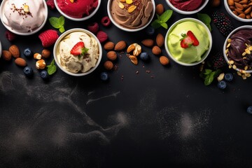 Fototapeta na wymiar Gourmet summer dessert of artisan or craft ice cream made with fresh berries, macaroons, coffee beans, pistachio nuts and chocolate served in bowls in a wide angle banner