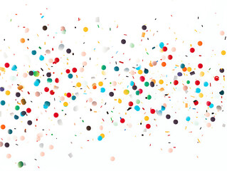 Lots of small colorful confetti falling on a white background. Suitable for celebration events and parties. Created with Generative AI.