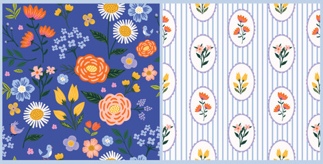 Bright Blue floral romantic meadow wildflowers and stripe vector seamless pattern. Cottagecore Garden Flowers and Foliage Print in blue and white. Homestead Bouquet and Farmhouse Background print.
