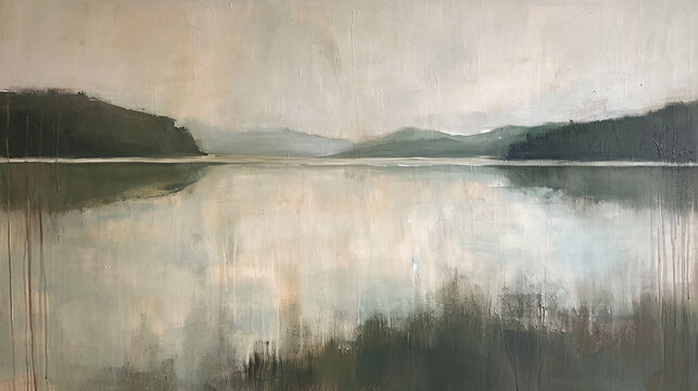 abstract painting of mountain and lake with reflection on water surface.