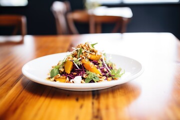pan-roasted butternut squash salad with red cabbage, sunflower seeds, goat cheese crumbles