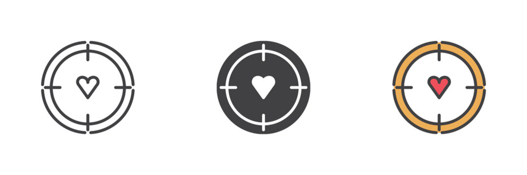 Target with heart different style icon set