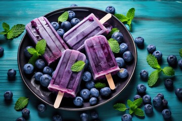 Homemade blueberry ice cream or popsicles decorated green mint leaves on teal rustic table, frozen fruit juice, vintage style, top view - obrazy, fototapety, plakaty