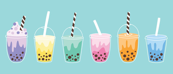 Set of bubble tea in hand drawn style. Collection of cups with bubble tea, bubble coffee and smoothies. Vector illustration. - obrazy, fototapety, plakaty