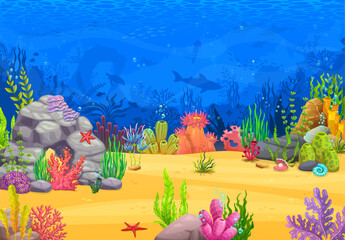 Sea underwater landscape. Game level with fish shoals, seaweed and silhouettes of animals. Ocean under water world vector background with shark, turtle and dolphins, corals, starfish, shells on bottom