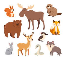 Woodland animals. Cute forest bear, fox and hare, wolf and deer, badger and squirrel, elk and woodpecker, beaver and snake. Happy funny animal vector characters