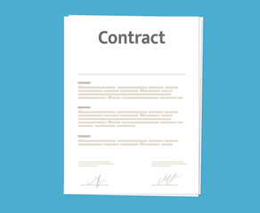 Paper contract document, signed partnership agreement or job employment, vector icon. Business contract or legal agreement and partnership and office employment paper document with signatures and text