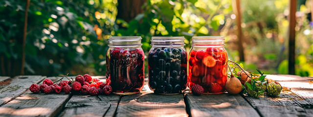 Compotes with berries preserved in a jar. Selective focus.