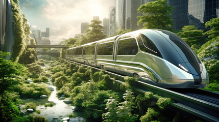 Naklejka premium A high-speed train enters a futuristic train station, symbolizing the concept of rail transport infrastructure. City train of the future