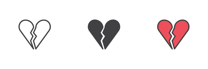 Broken heart different style icon set