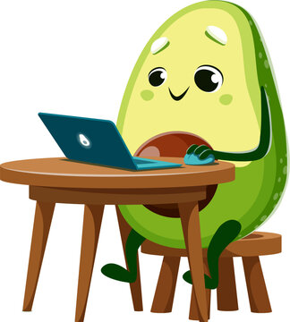 Naklejki Cartoon avocado character with notebook. Childish avocado personage sitting at desk, working, learning or watching online content on laptop. Tropical fruit kid vector funny personage using computer